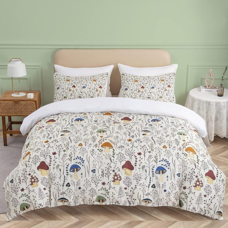 SOULZZZ Colorful Mushroom Duvet Cover Set - Queen Size, 3 Piece Aesthetic Mushroom Bedding Set with Wild Plants and Flowers, No Comforter Included