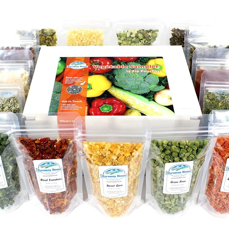 Harmony House Dehydrated Vegetable Sampler – 15 Count Variety Pack, Resealable Zip Pouches, For Cooking, Camping, Emergency Supply and More