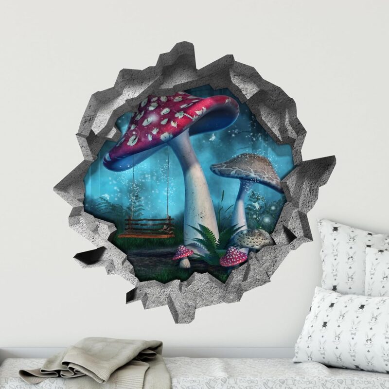 3D Hole in The Wall Decal - Enchanted Mushroom Swing - Fantasy Scene - 3D Window Sticker - Removable Fabric Wall Sticker - Peel and Stick (30" x 30")