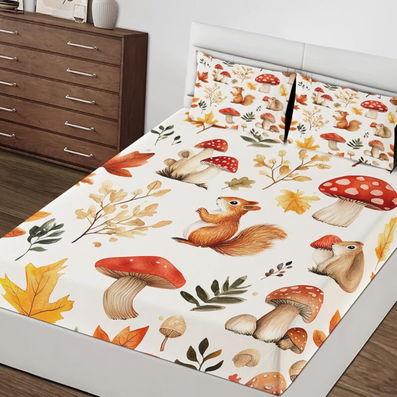 Cute Squirrel Sheets King Size Sheet Set, Red Mushroom Bed Sheet, Maple Leaf Woodland Animal Bedding Set 4 Piece - 1 Fitted Sheet 12 Inch Deep Pocket, 1 Flat Sheet, 2 Pillowcases