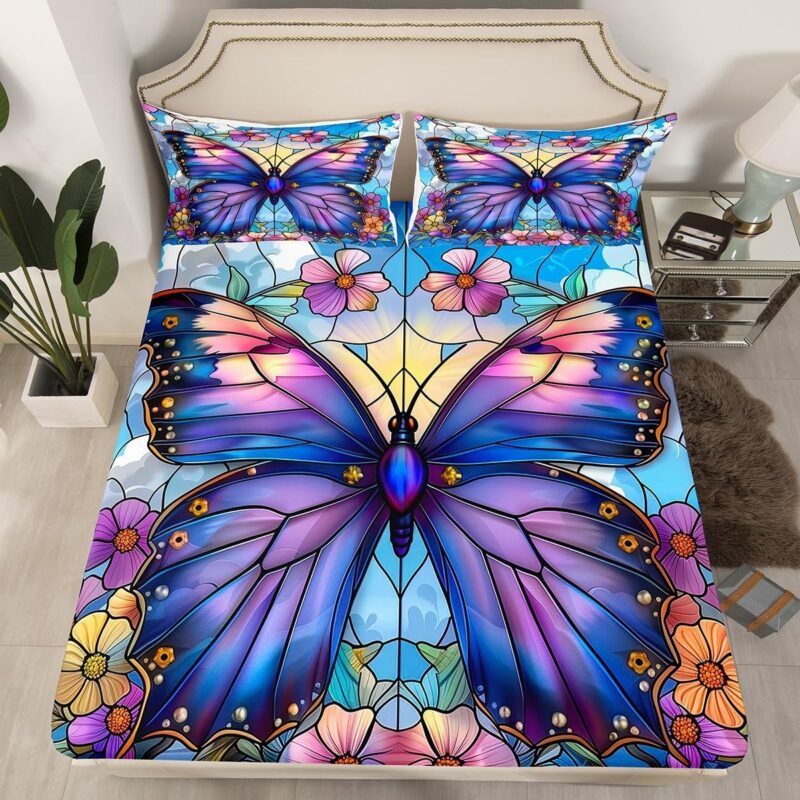 Butterfly Fitted Sheet,Watercolor Spring Daisy Flowers Garden Sheet Set (No Flat Sheet) for Teens,Dreamy Animal Geometric Stained Glass Blue Purple Bedding Set with 2 Pillowcases,Queen Size