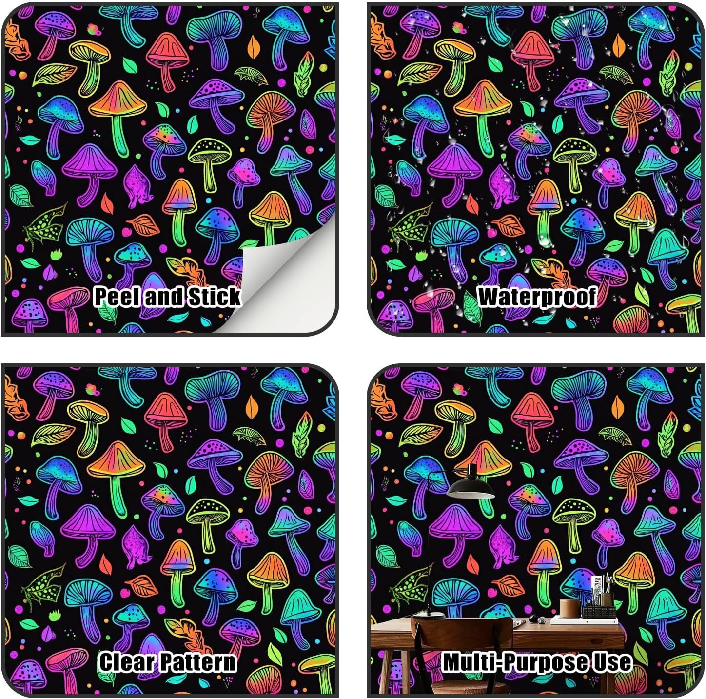 81BUth1HkrL._AC_SL1500_.jpg 24"x118" Peel and Stick Wallpaper Seamless Mushrooms Bright Psychedelic Colors Contact Paper Self Adhesive Wallpaper Removable Wall Mural Wall Sticker for Bedroom Kitchen - Image 3