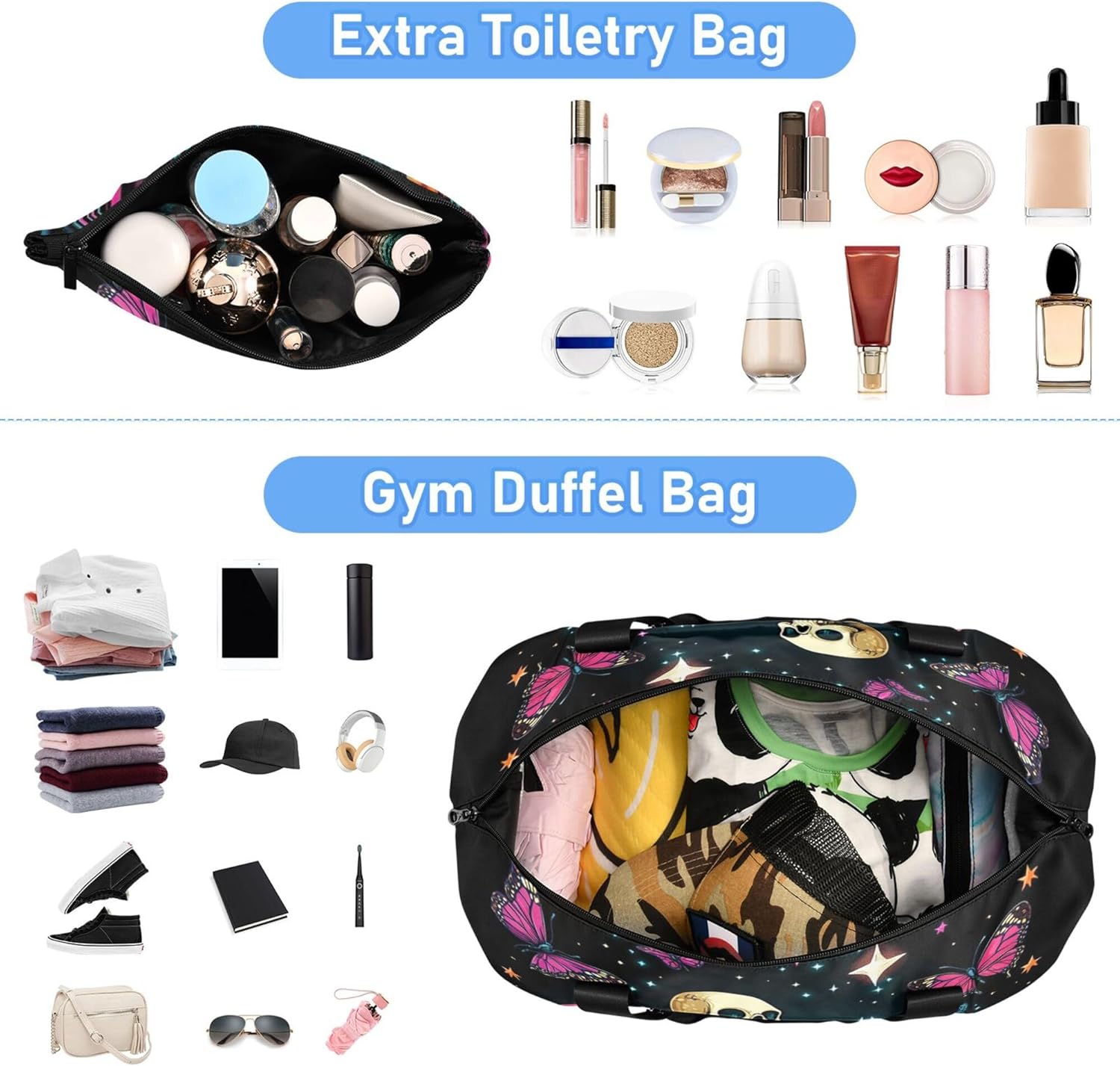 81CADRi3dL._AC_SL1500_.jpg Travel Duffel Tote Bag Skeleton Sitting on Mushrooms with Butterflies Sports Duffel Bag with Wet Pocket Weekender Overnight Bag for Women Men Gym Bag, Carry On Bag Hospital Bag for Labor and Delivery - Image 5