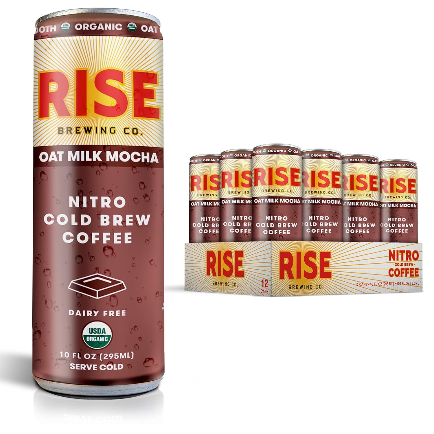 81CIlDCil-L._SL1500_.jpg RISE Brewing Co. Oat Milk Mocha Nitro Cold Brew Coffee, No Sugar Added & No Dairy, Organic & Non-GMO, Low Acidity & Vegan, 10 Fl. Oz. Cans