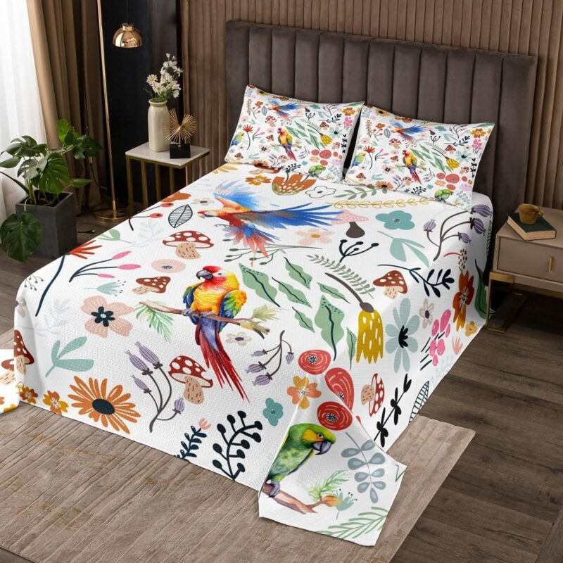Erosebridal Cute Parrot Quilt Set Mushroom Floral Twin Bedspread Set for Boys,Cartoon Animal Coverlet Set Watercolor Flowers Leaves Toddler Quilted for Girls Kids Children,Kawaii Room Decor