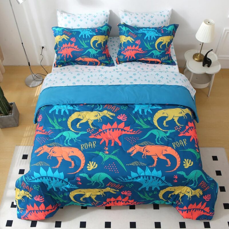 Wajade Boys Dinosaur Comforter Set Bed in A Bag Full Size 7 Piece 3D Blue Dinosaur Print Bedding Set for Kids Teens(1 Comforter, 1 Flat Sheet, 1 Fitted Sheet, 2 Pillowcase and 2 Pillow Sham)