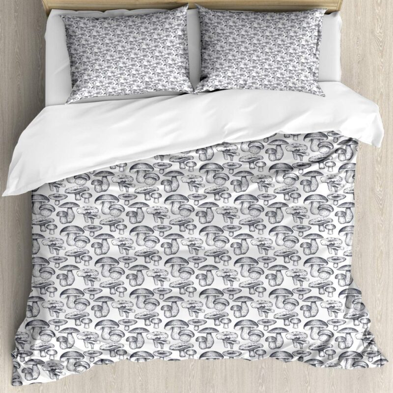 Ambesonne Mushroom Duvet Cover Set, Hand Drawn Vintage Forest Botany Vegetables Wild Sketch Drawing Art, Decorative 3 Piece Bedding Set with 2 Pillow Shams, Queen Size, Purpleblue White