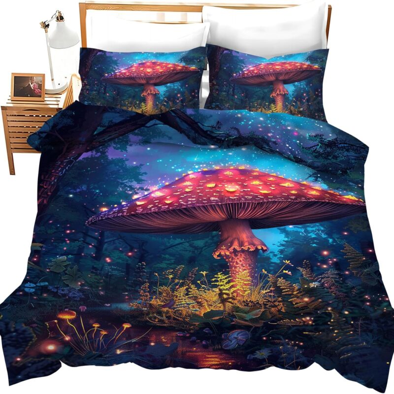 Blue Mushroom Bedding Set with Red Mushroom Comforter & Duvet Cover - Twin to King Size, Includes 1 Duvet Cover & 2 Pillowcases - Perfect Gifts for Men, Women, Boys & Girls
