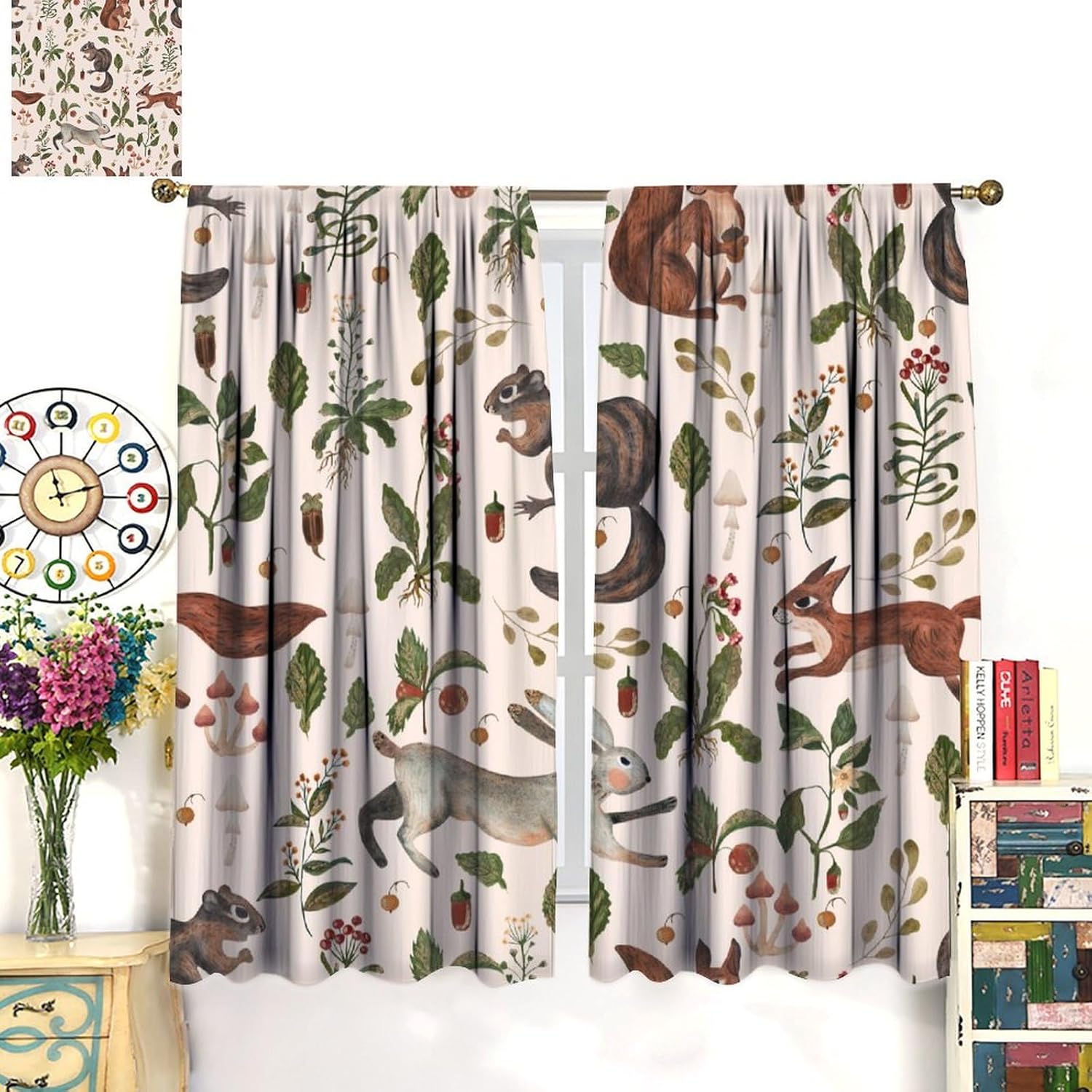 81GloEn7MwL._AC_SL1500_.jpg Rustic Forest Curtains, Cartoon Woodland Wild Animals Rabbit Fox Vintage Botanical Mushroom Herbs Blackout Window Drapes for Farmhouse Kitchen Living Room 72x63in - Image 3