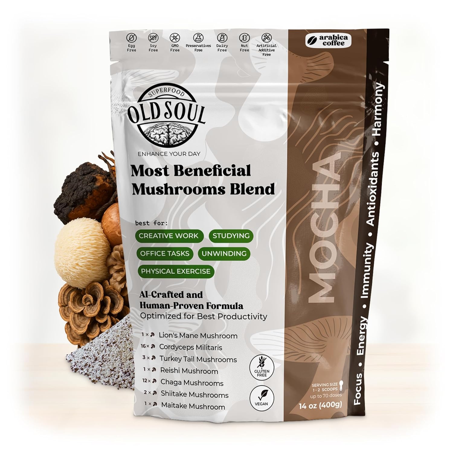 81HBrIL98dL._SL1500_.jpg OldSoul Superfood Mushrooms Mocha Blend | Arabica Coffee | Approx. 70 Doses | Energy, Focus, Immunity | 14 oz (400 g)