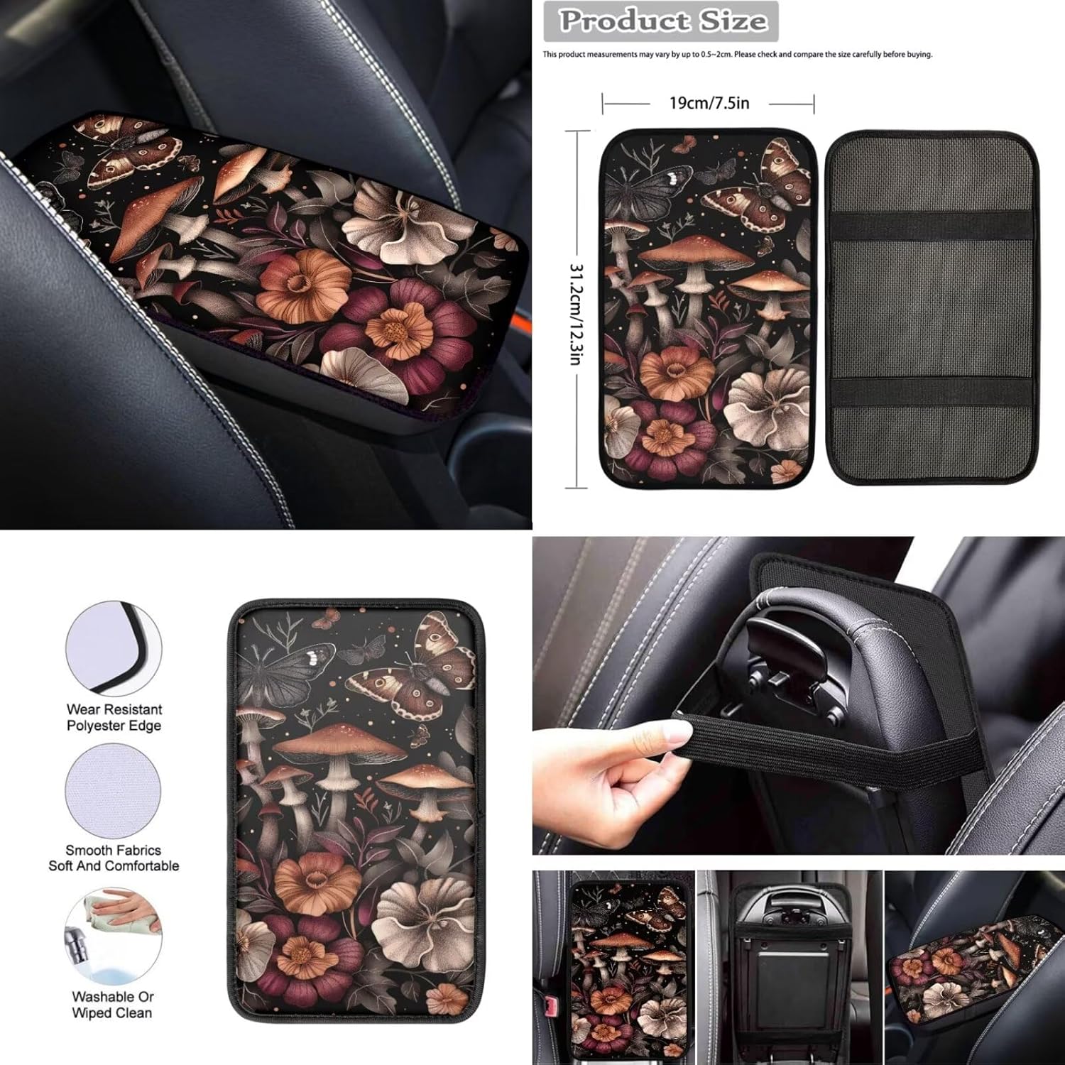 81J8-11UzrL._AC_SL1500_.jpg Mushroom Butterfly Flower Print Car Seat Covers Sets of 12 Waterproof Steering Wheel Cover, Auto Seat Belt Cover, Armrest Cover, Handbrake Cover, Coasters for Vehicle SUV Truck - Image 4