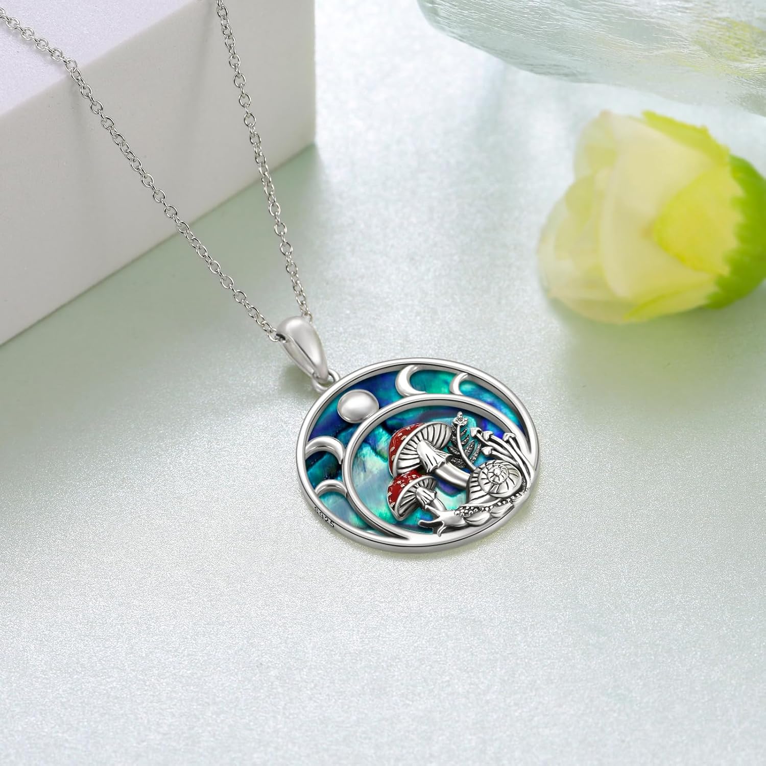 81JM3MxSMKL._AC_SL1500_.jpg Moon Mushroom Necklace for Women,925 Sterling Silver Magical Red Mushroom Pendant Moon Phase Necklaces,Anniversary Birthday Gifts for Women Mom,18''-20'' - Image 3