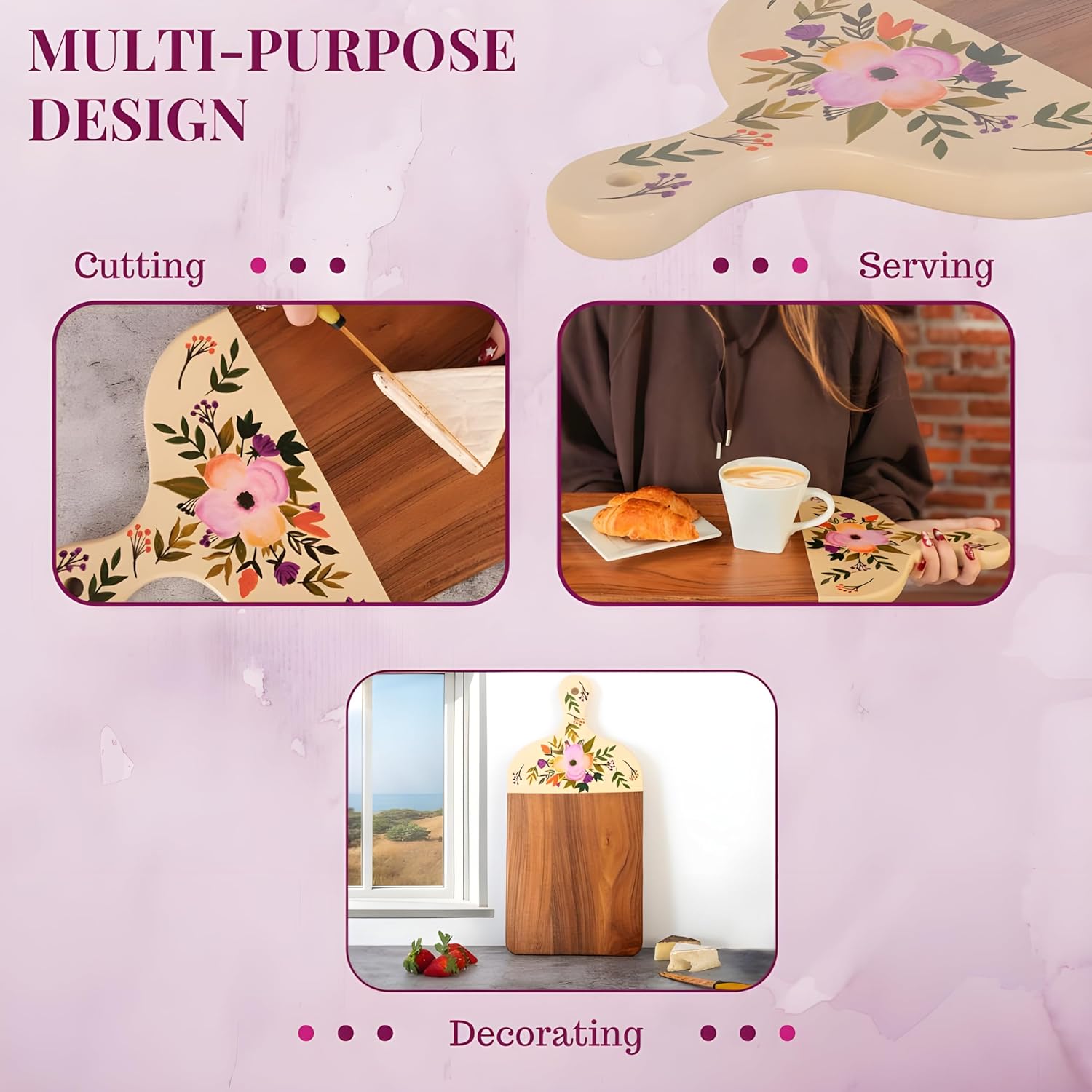 81JR0S9Q5aL._AC_SL1500_.jpg Acacia Wood Cutting Board for Kitchen – Large Wooden Decorative Hand Painted for Charcuterie Chopping Cheese bread and meat - With Handle (21 x 10 x 0.8 in) (Pink) - Image 3