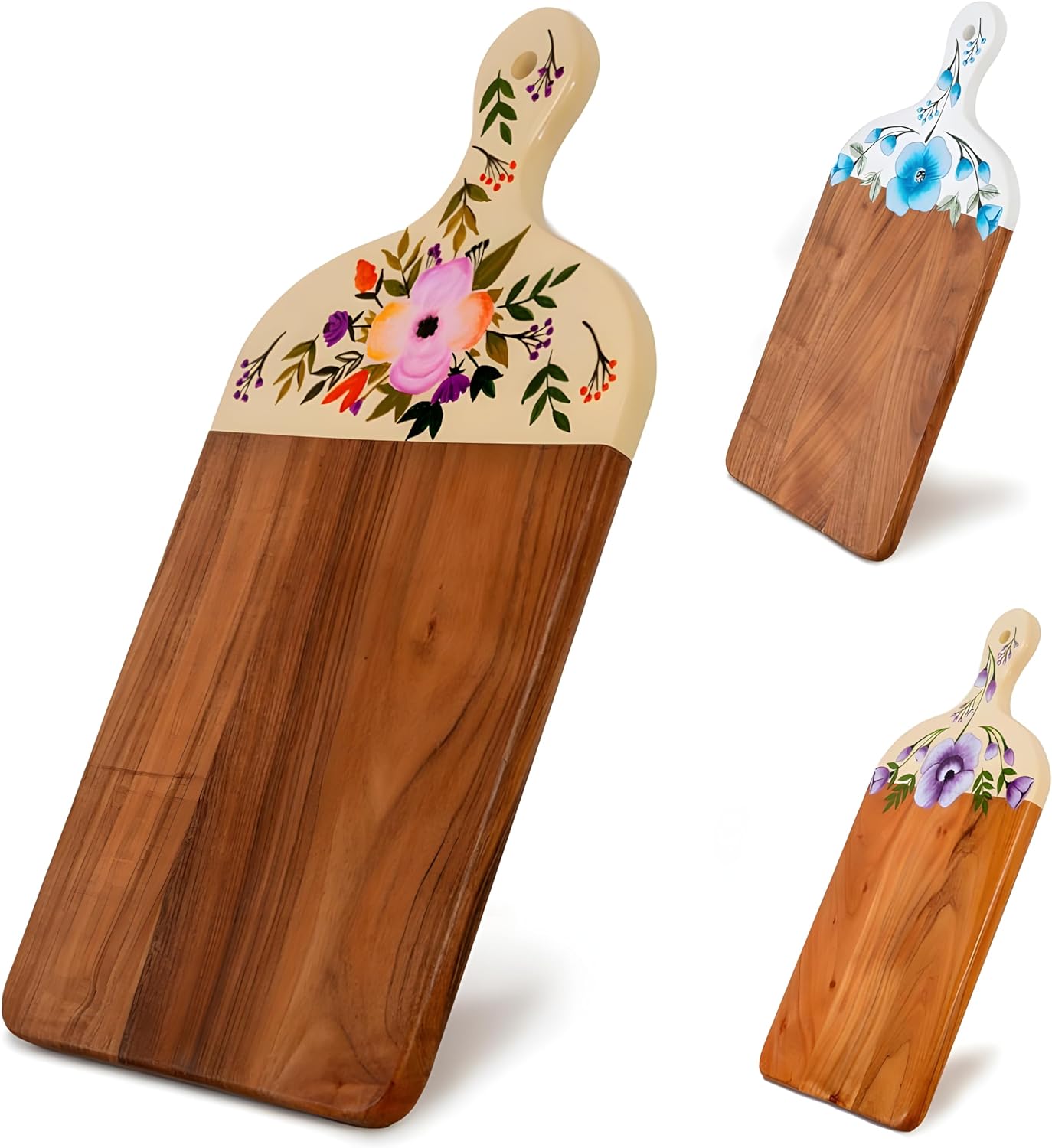 81JTrX7mAZL._AC_SL1500_.jpg Acacia Wood Cutting Board for Kitchen – Large Wooden Decorative Hand Painted for Charcuterie Chopping Cheese bread and meat - With Handle (21 x 10 x 0.8 in) (Pink)