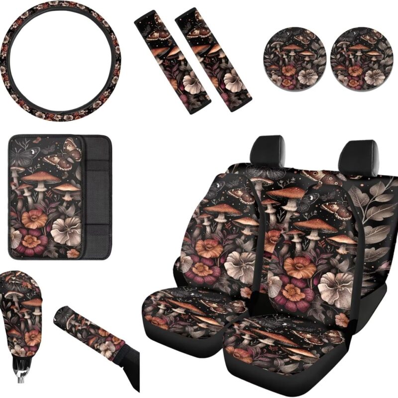 Mushroom Butterfly Flower Print Car Seat Covers Sets of 12 Waterproof Steering Wheel Cover, Auto Seat Belt Cover, Armrest Cover, Handbrake Cover, Coasters for Vehicle SUV Truck