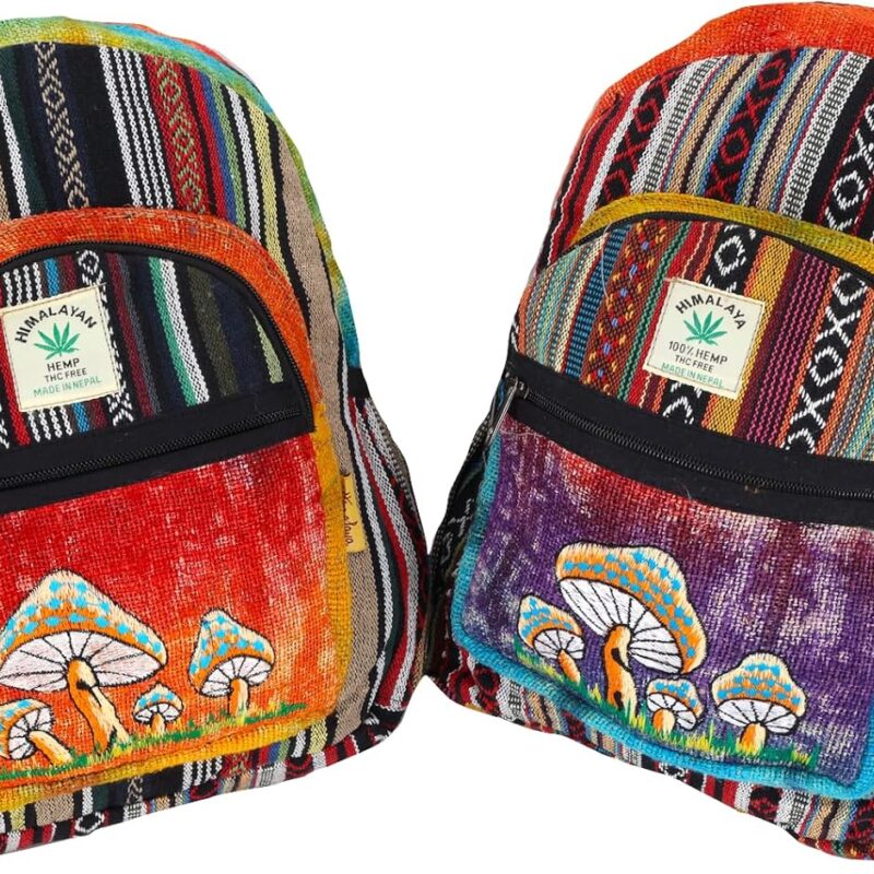 Unique Mushroom Embroidered Tie Dye Himalaya Hemp Hippie Backpack Festival Backpack Hiking FAIR TRADE Handmade with Love. (LARGE)