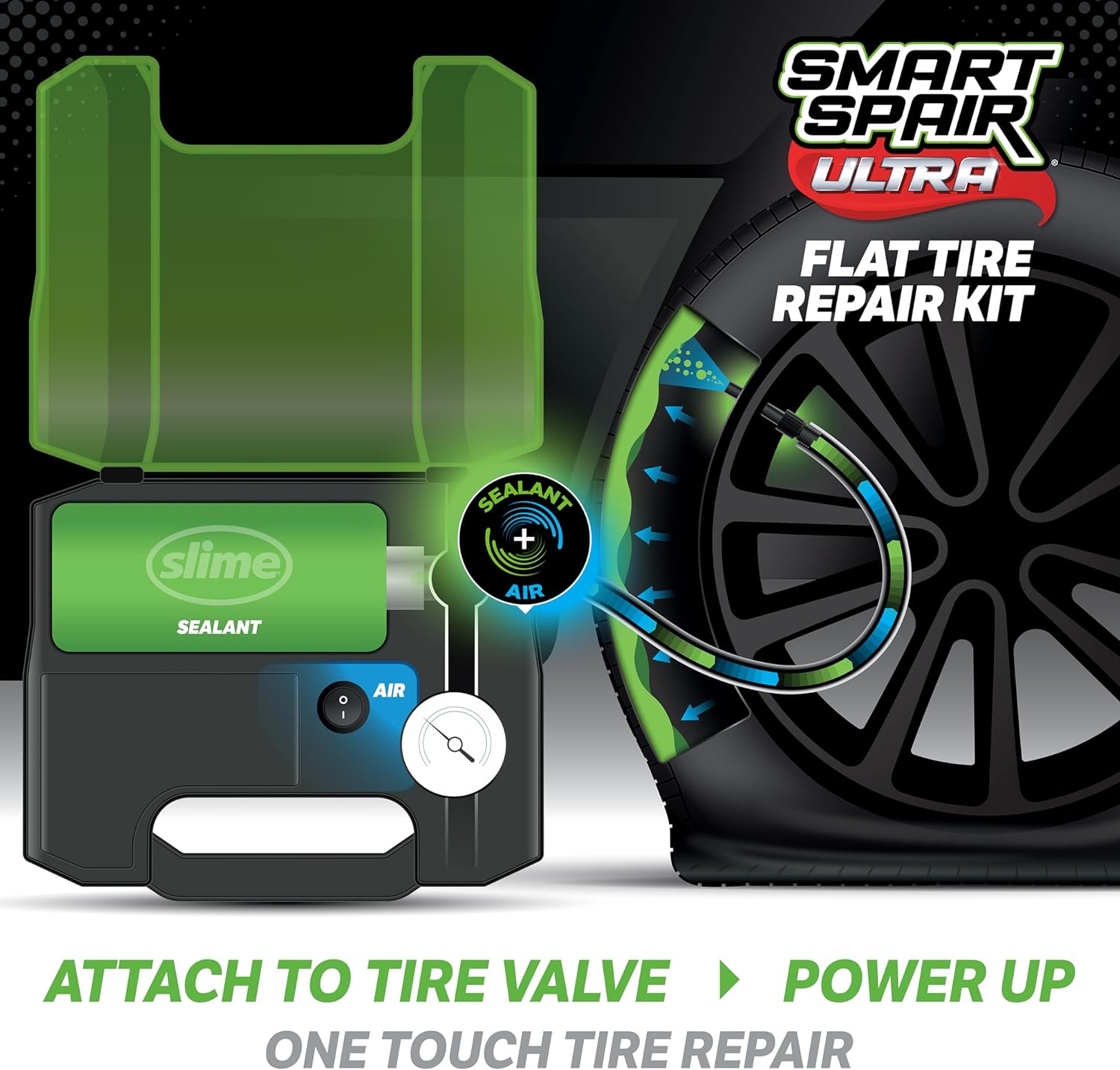 81JsEN0CY1L._AC_SL1500_.jpg Slime 50159 Flat Tire Repair Kit, Smart Spair Ultra, All-in-one Solution, Repairs and Inflates, Truck/SUV, 15 Min Fix - Image 2