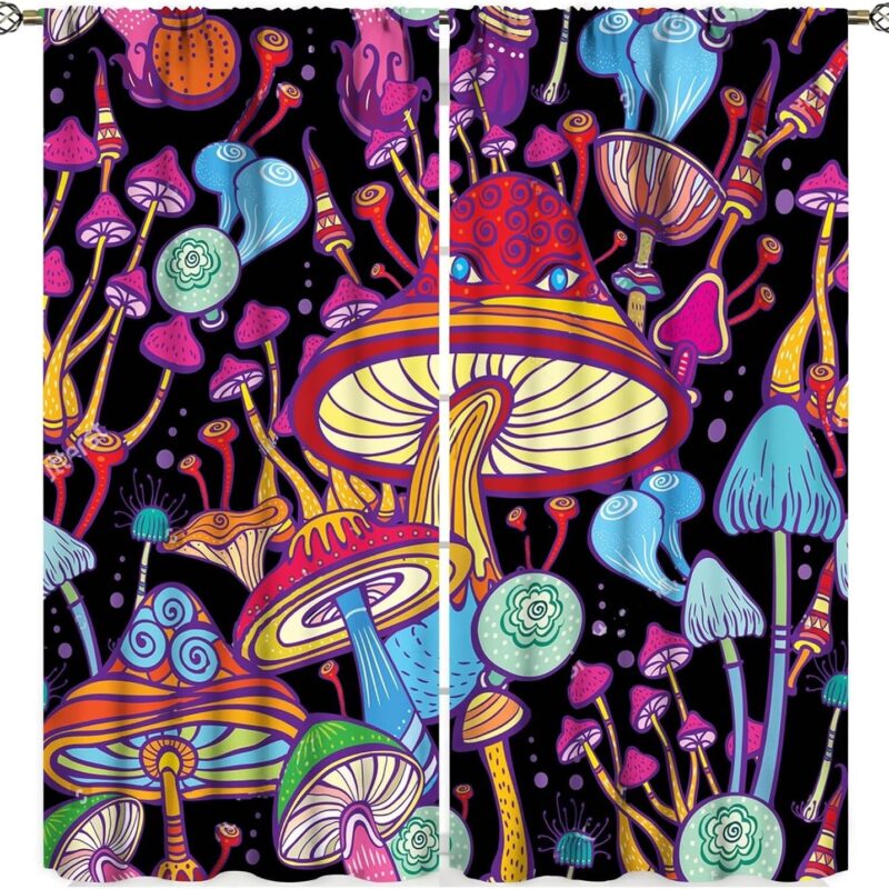 Mushrooms Blackout Curtains for Girls Boy Home Decor, Psychedelic Fantasy Magic Colorful Trippy Darkening Window Curtain for Bedroom Living Room, 52 x 84 Inch