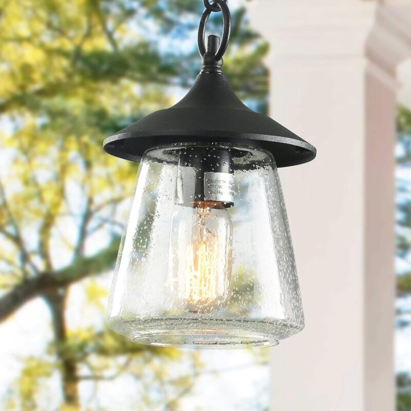 LOG BARN Outdoor Pendant Light, 1-Light Modern Farmhouse Outdoor Pendant Lights for Porch with Adjustable Chain, 6'' Waterproof Exterior Pendant Hanging Lighting Fixture with Mushroom Seeded Glass