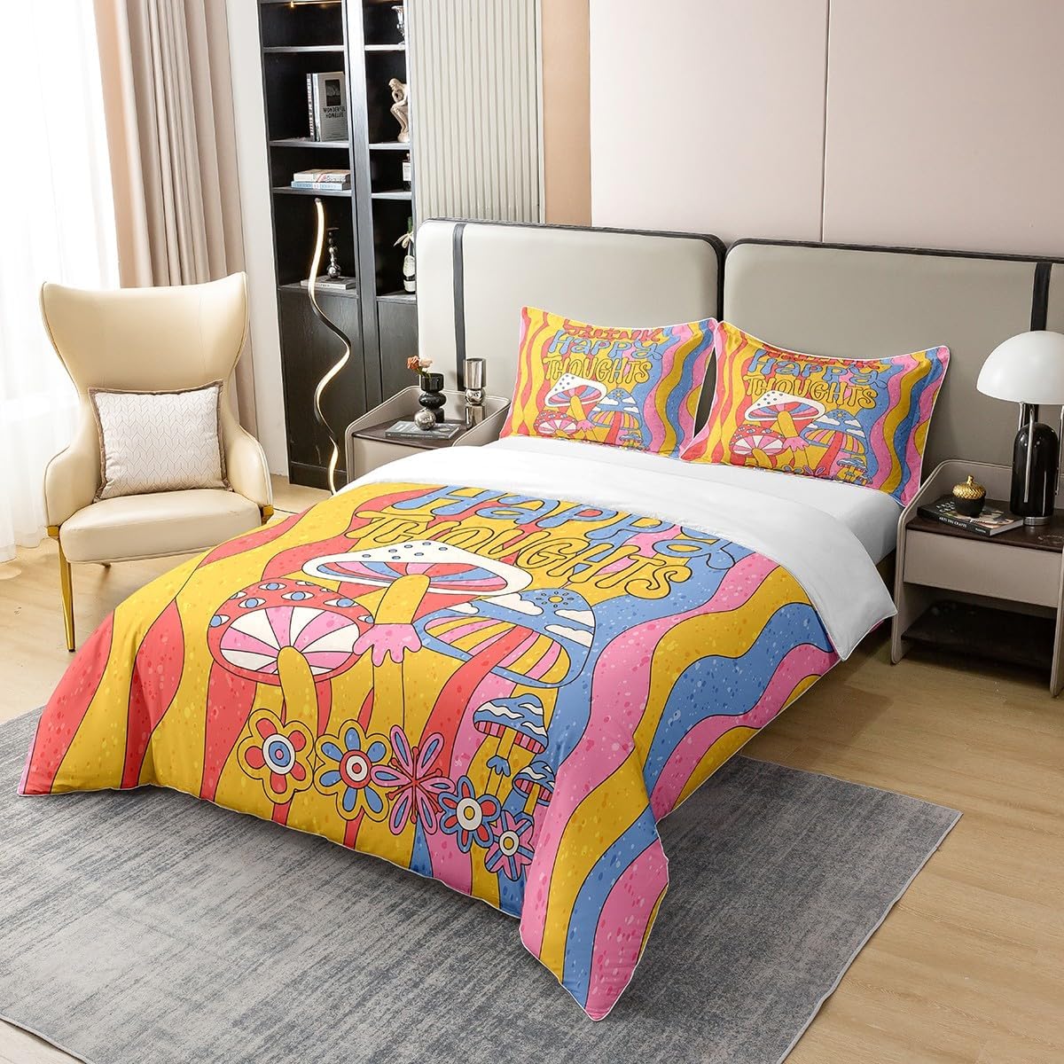 81MabnUU3sL._AC_SL1200_.jpg Erosebridal 100% Cotton Hippie Mushroom Bedding Sets Queen 70S 80S Groovy Party Comforter Cover,Vintage Fashion Bed Set Abstract Art Stripes Duvet Cover,Cute Kawaii Rainbow Quilt Cover Microfiber - Image 2