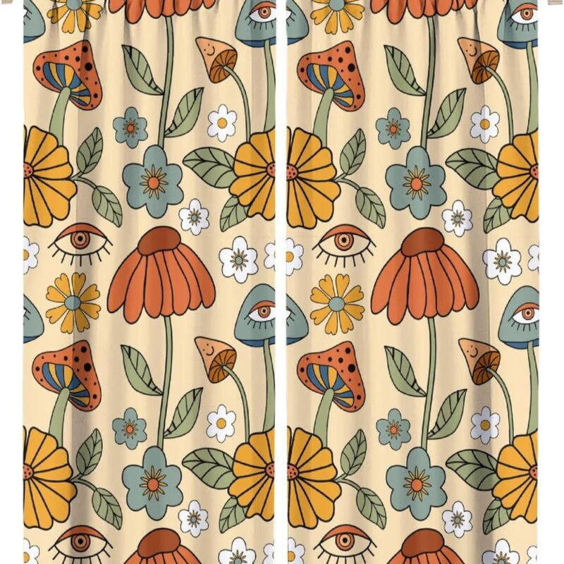 Retro Boho Floral Mushroom Curtains, Funky Mushrooms Flowers and Eyes Trippy Hippie Vintage Cottage Blackout Rod Pocket Windows Door Curtain for Bedroom Living Room Home Decor 52x84in