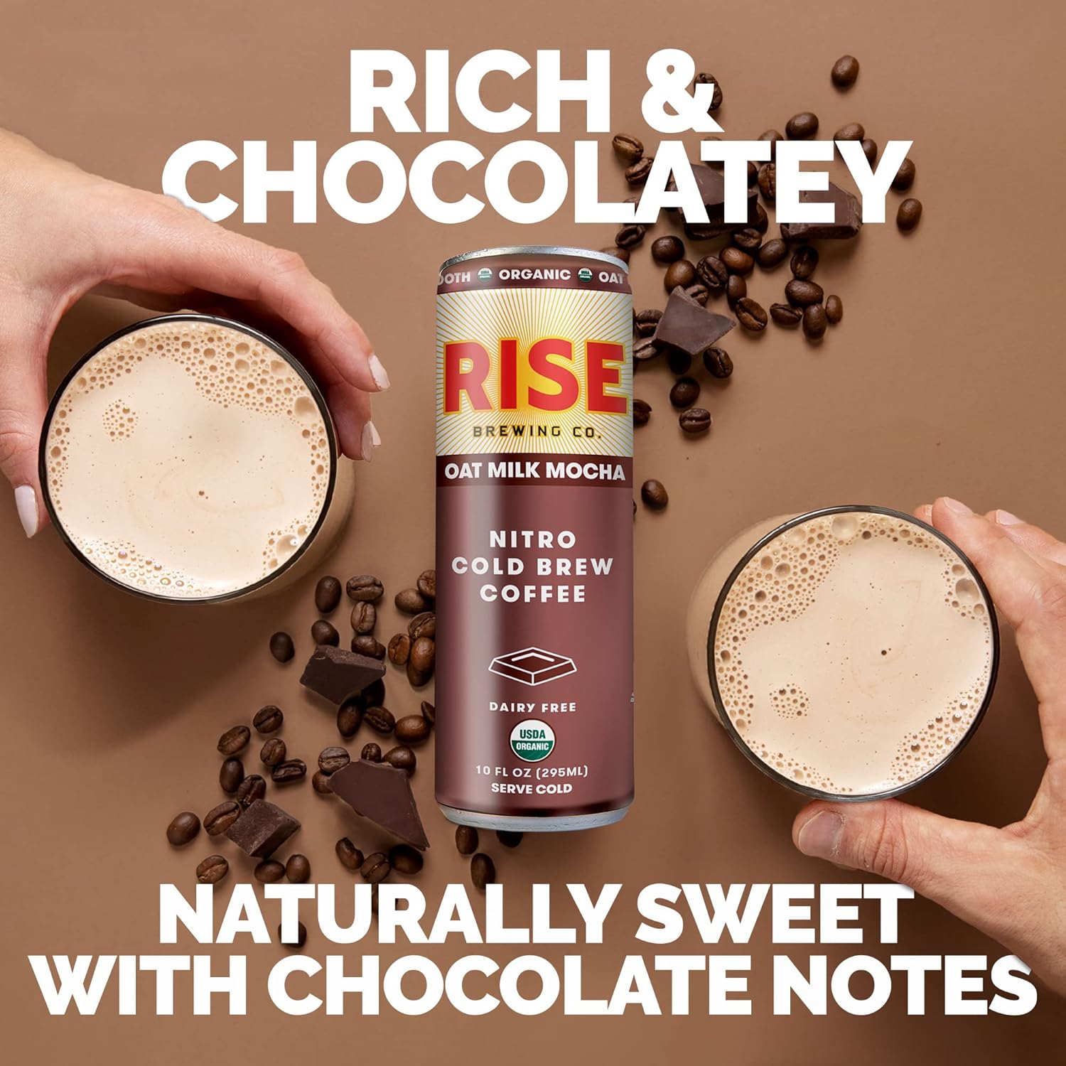81N9ErH4UL._SL1500_.jpg RISE Brewing Co. Oat Milk Mocha Nitro Cold Brew Coffee, No Sugar Added & No Dairy, Organic & Non-GMO, Low Acidity & Vegan, 10 Fl. Oz. Cans - Image 5