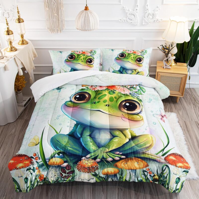 AILONEN Cute Frog Comforter Set Queen Size, Cartoon Mushroom Bedding Set for Boys Girls,Watercolor Amphibian Animal Theme Girls Kawaii Bed in a Bag 3 Pieces, 1 Quilt and 2 Pillowcases