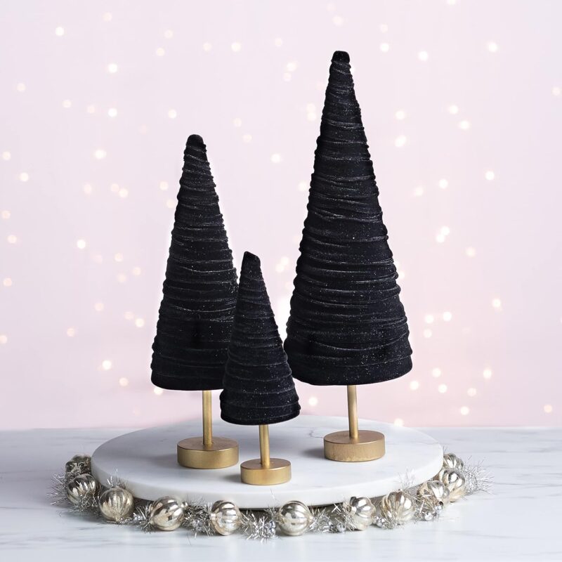 Black pedestal velvet trees set of 3, minimalist mantel décor, gothic, classic, Christmas tablescape, wedding centerpiece, modern farmhouse (Black)