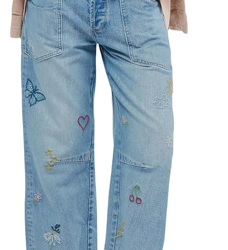 LifeShe Women's Embroidered Barrel Jeans Low Rise Wide Leg Denim Pants Stretchy Baggy Boyfriend Trousers