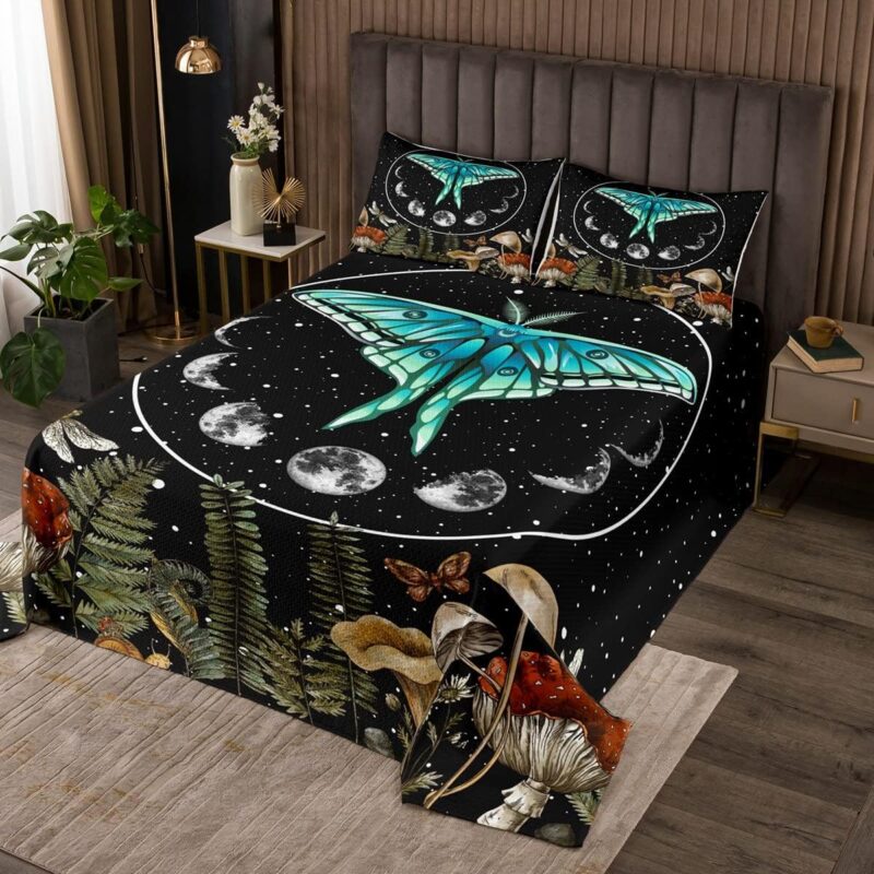 Blue Butterfly Quilt Set King,Dragonfly Moth Mushroom Bedspread Set Moon Phase Coverlet Set Starry Sky Bed Cover,Hippie Wild Fungus Quilt Sets Boho Bohemian Style Home Room Decor Luxury,Black
