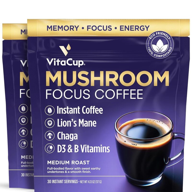 VitaCup Focus Mushroom Instant Coffee | For Memory & Clarity Support | with Fiber, Chaga, Lion’s Mane | D3 & B Vitamins | Medium Roast 100% Arabica & Robusta Instant Coffee | 2 Bags, 60 Servings