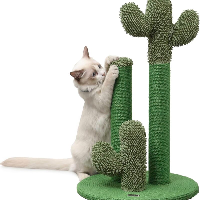 CTR1009A Marfa 25.25" Modern Jute Triple-Cactus Cat Scratching Post with Fuzzy Toy, Green