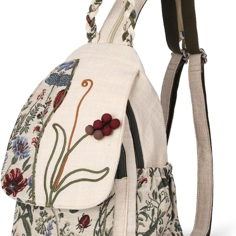 Ladys Convertible Sling Bag, Hand Craft Artisan Purse, Beautiful Grape Flower Canvas Premium Casual Day Mini Backpack for women