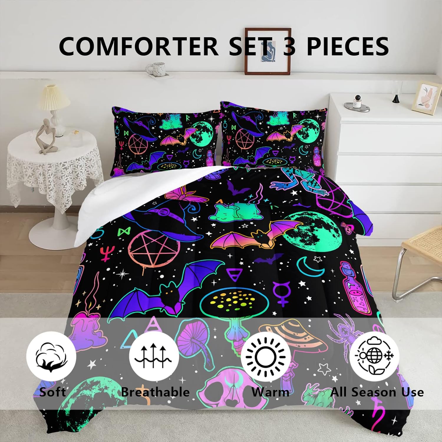 81W0W0gwiL._AC_SL1500_.jpg Axolotl Halloween Bedding Set Twin Size,Star Moon Print Bedding Set Mushroom Decor Comforter Set Trick Or Treat,Bat Comforter Set Witchy Elements for Boys Girls Teens,1 Quilt 2 Pillowcases,Black - Image 3