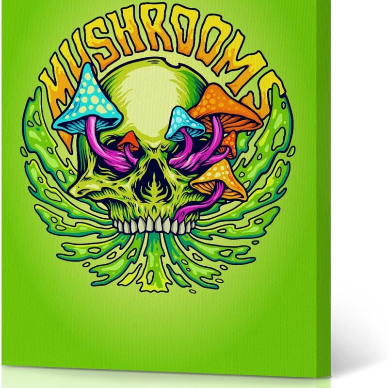 HB Art Design Skull and Magic Mushrooms Psychedelic Trippy Smoke Weed Canvas Wall Art Print Living Room Bedroom Man Cave Marijuana Cannabis Hemp Hippie Decor Stoner Gift 40x30
