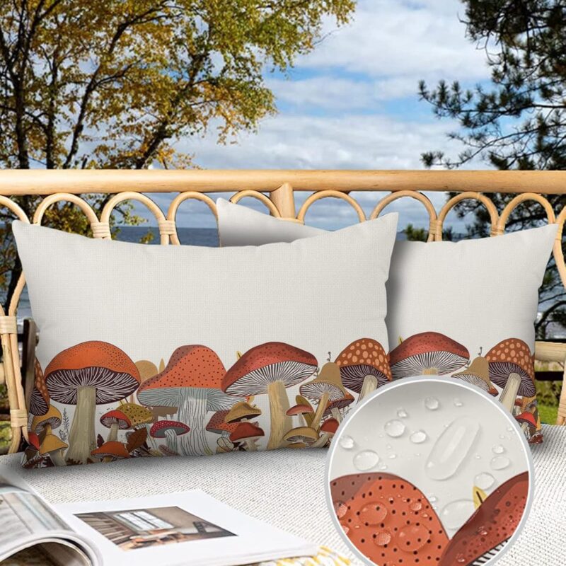 Outdoor Waterproof Throw Pillows Vintage Mushroom Botanical Patio Pillows Pack of 2,Decorative Pillow Covers with Insert,Pillow Cushion Case for Garden Couch Sofa Fall Retro Pastoral Aesthetic Plant