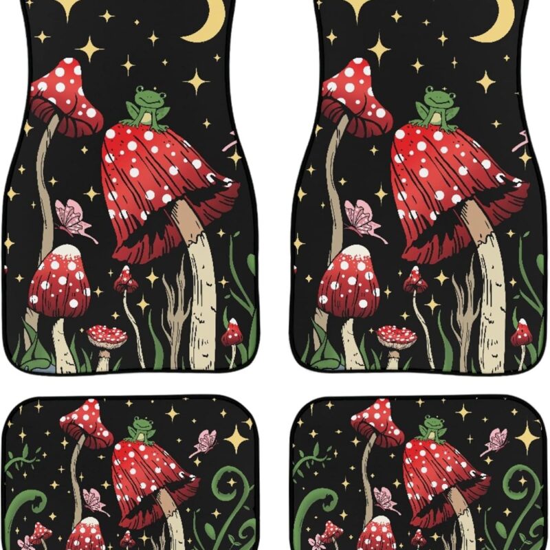 Car Floor Mat Night Star Mushroom Frog Print Rubber Backing Non-Slip Car SUV & Truck, 4 Pieves Set Front Rear Cars Floor Mats, Heavy Duty Protection