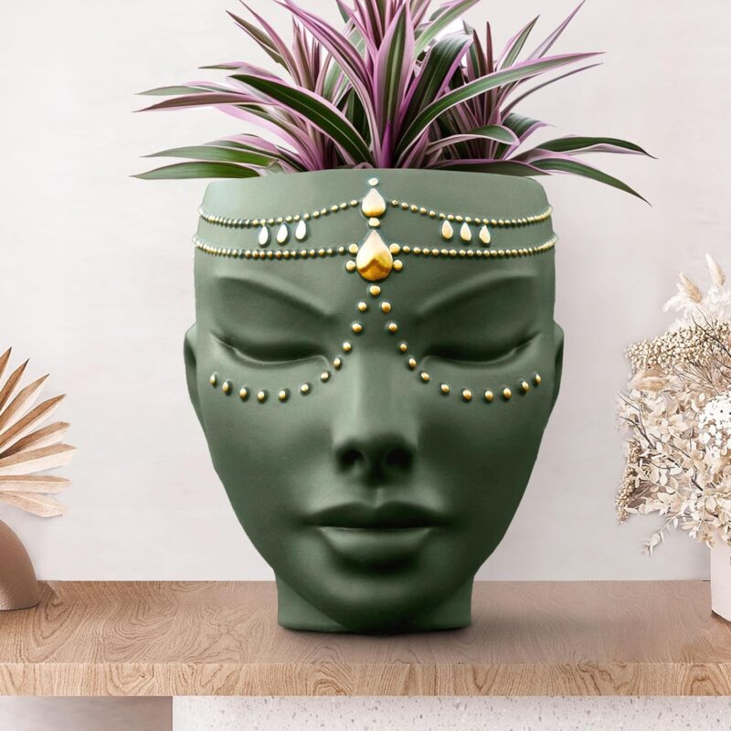 Head Planter - Indoor & Outdoor Home Decor Gifts for Plant Lovers - for Flat Surface or Wall Mount - Unique Face Planter for Flowers, Succulents, & More (7 inch, Serena Design, Green)