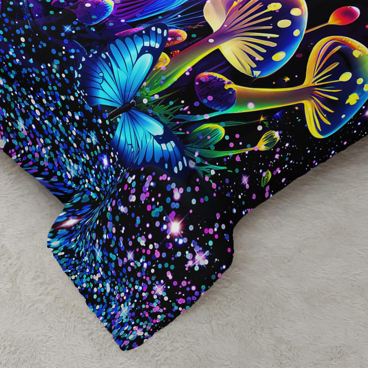 81XX30hyzbL._AC_SL1500_.jpg Kids Mushroom Comforter Set, Colorful Sparkle Natural Wild Fungus Bedding Set for Kids Boys Girls, Botanical Plants Duvet Set Butterfly Comforter with 2 Pillowcases Twin Size - Image 6