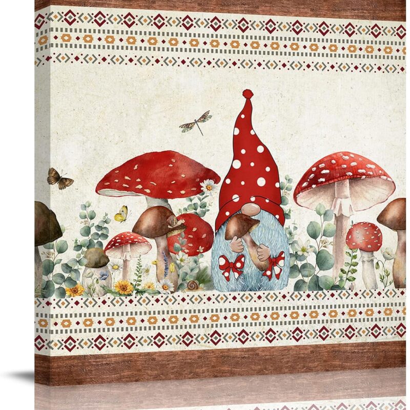 Canvas Wall Art - Canvas Prints Wall Decor for Bathroom - Farmhouse Mushroom Gnome Boho Retro Canvas Picture Artworks Framed Modern Wall Art for Home Bedroom Living Room Kitchen 20"x20"