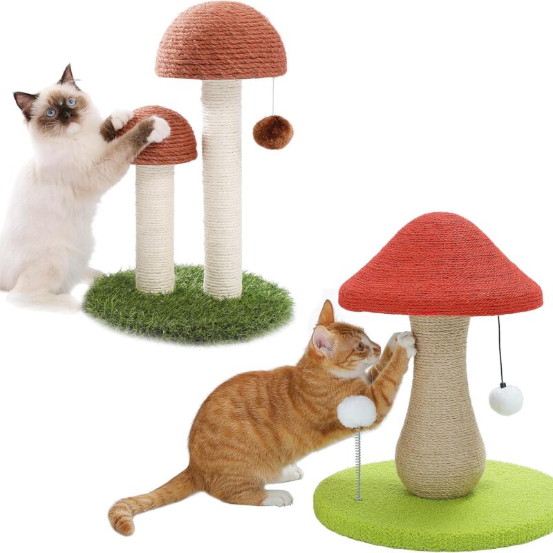 PETEPELA Cat Scratching Post, Mushroom Tall Cat Scratcher Featuring with Natural Sisal Scratching Poles and Interactive Toy Ball +PETEPELA Mushroom Cat Scratching Post, Cat Scratcher Cute