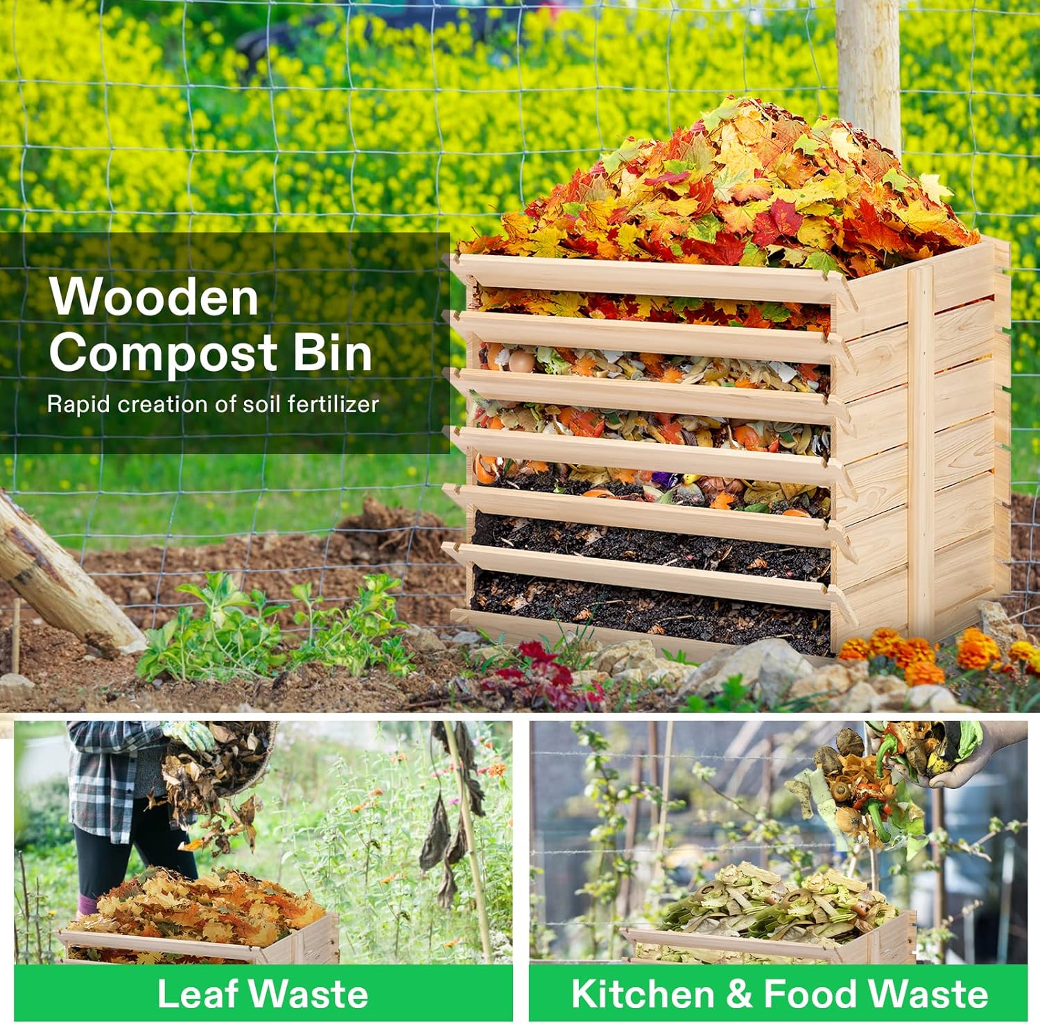 81Ywet7sz2L._AC_SL1500_.jpg VIVOSUN Wooden Compost Bin, Removable Front Door, Easy to Setup for Backyard, Lawn (Black with Gloves and Liner) - Image 2