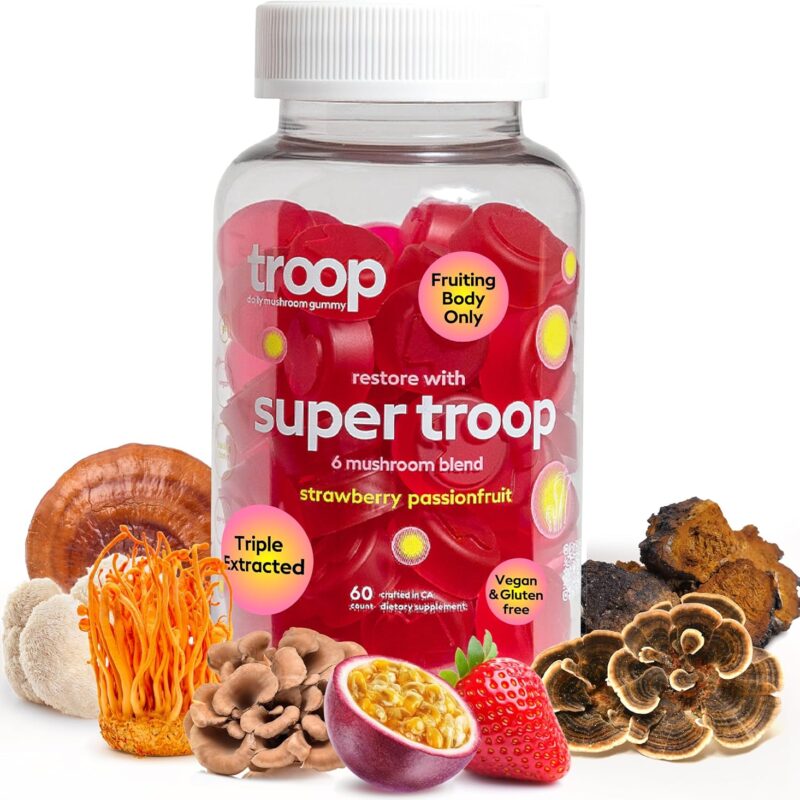 Troop Daily Super 6 Blend Mushroom Gummies for Adults and Children - Immunity, Vitality, Mood, Balance, Gut Health, Energy Supplement with Triple Extracted Fruit Body Blend - Vegan, 60 Count