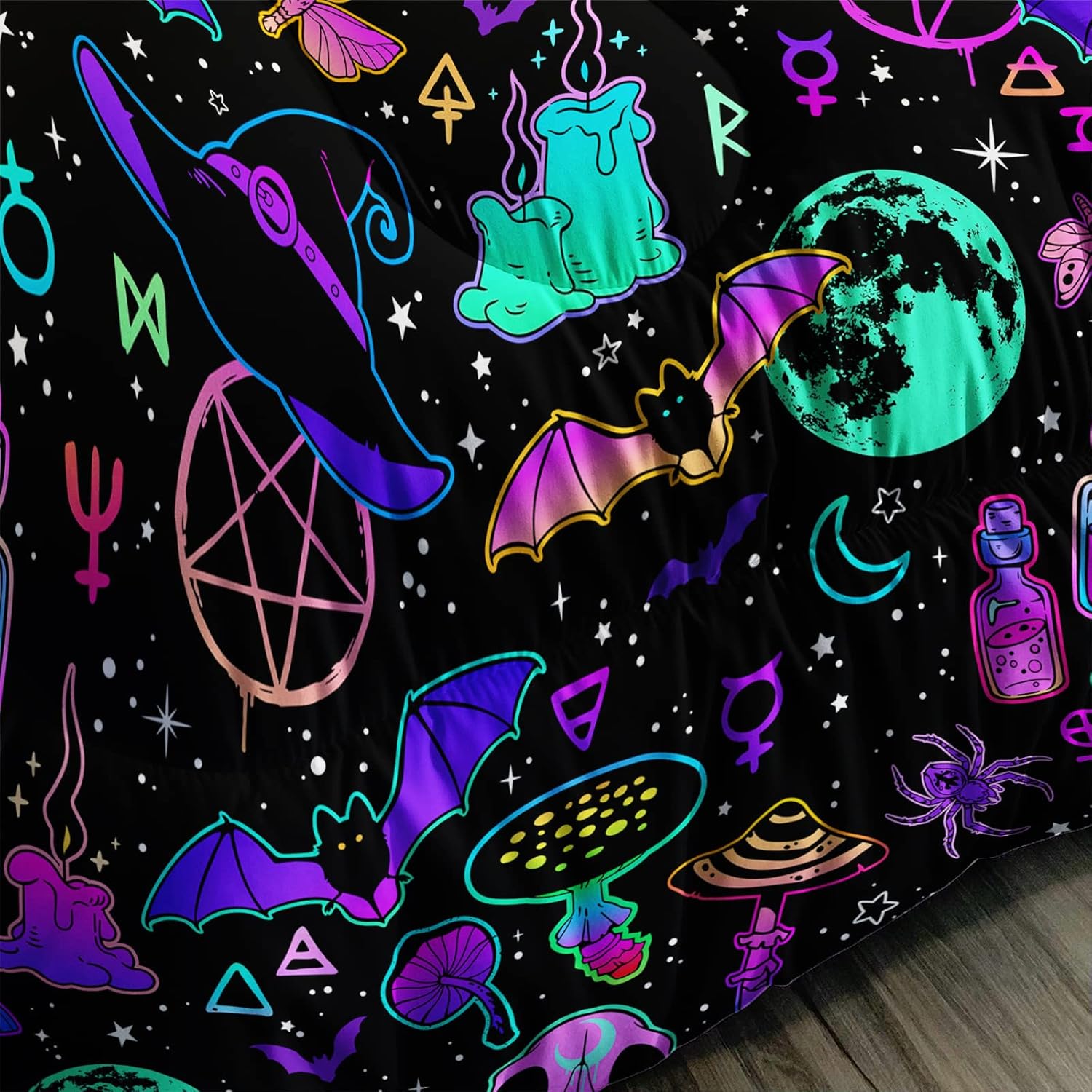 81ZG6VGWG9L._AC_SL1500_.jpg Axolotl Halloween Bedding Set Twin Size,Star Moon Print Bedding Set Mushroom Decor Comforter Set Trick Or Treat,Bat Comforter Set Witchy Elements for Boys Girls Teens,1 Quilt 2 Pillowcases,Black - Image 5