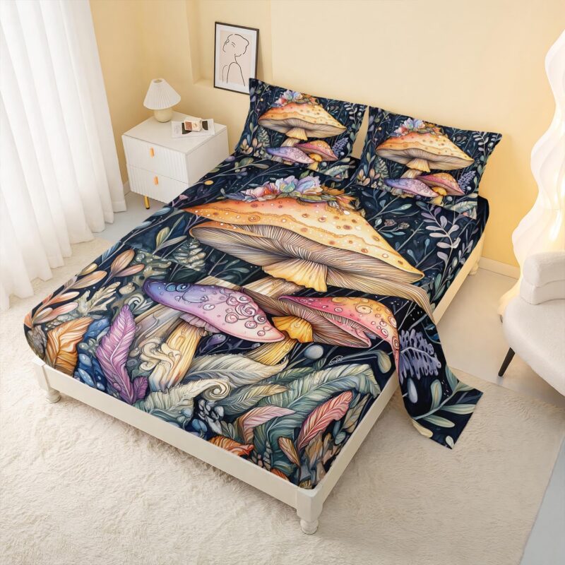 AILONEN Beautiful Mushroom Fitted Sheet Set Queen,Boho Mushroom Flower Bed Sheet Set,Plants Fungus Cartoon Mushroom Soft Bed Sheet Set,1 Flat Sheet,Fitted Sheet + 2 Pillowcases for Boys Girls,4Pcs