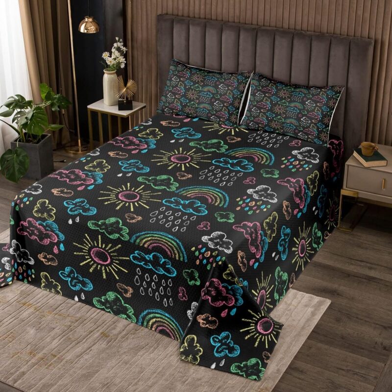 Erosebridal Rainbow Coverlet Set Queen,Kids Chalk Sketch Sun Bedspreads for Girls Boys,Sky Clouds Raindrops Quilted Children Room Decor,Cartoon Crayon Drawing Quilt Set Black 3 Pcs