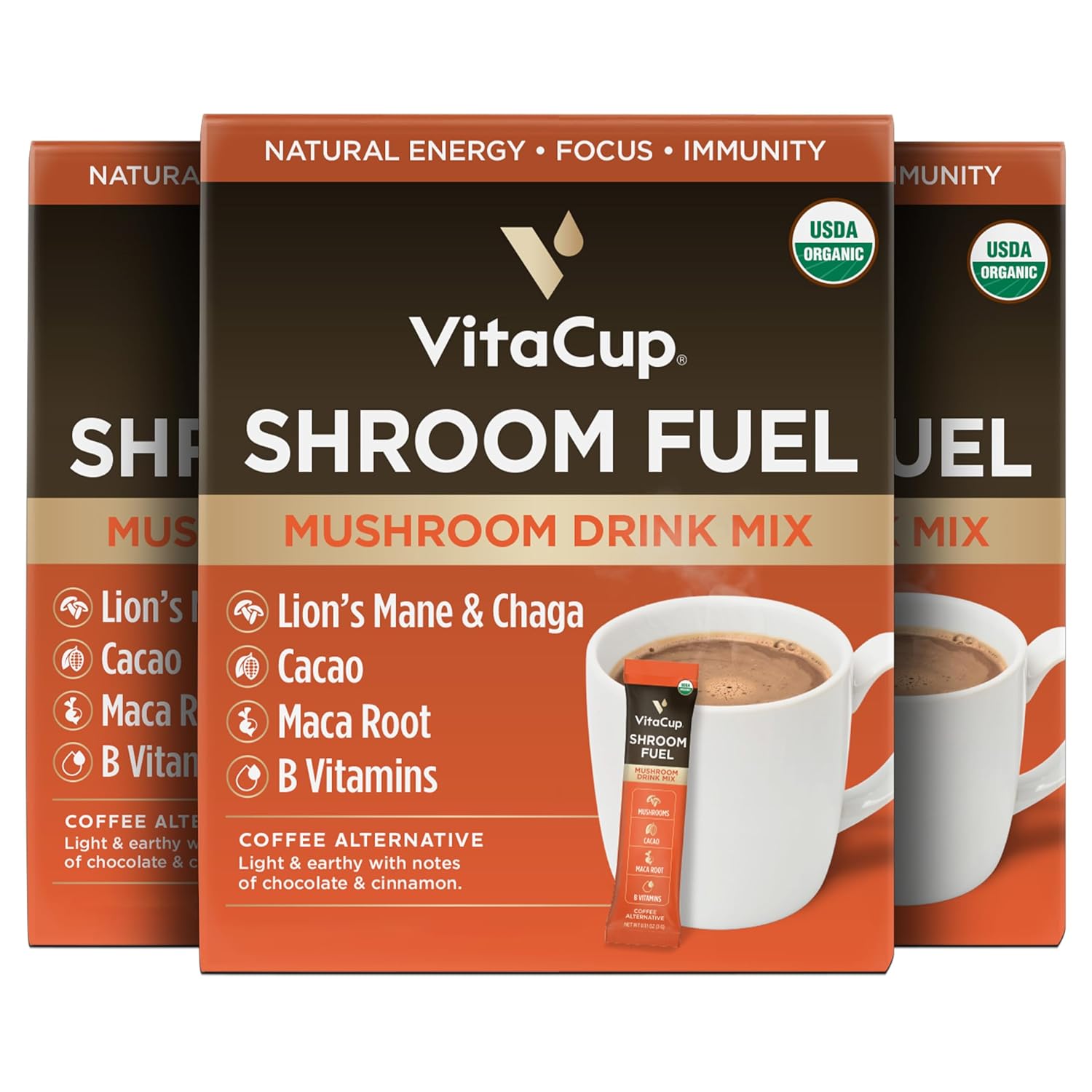 81aKrUytuPL._SL1500_.jpg VitaCup Shroom Fuel, Mushroom Based Instant Coffee Alternative Packets, Mushroom Coffee Substitute w/Cacao, Cinnamon, Chaga, Lions Mane, & Maca for Energy, Immune Support, & Focus, 72 ct