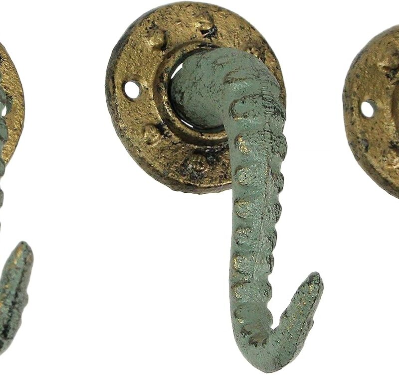 Zeckos Set of 3 Verdigris Bronze Cast Iron Octopus Tentacle Wall Hooks: Nautical Key Hangers, 4.5 Inches High - Easy to Install - Enhance Your Decor with Coastal Charm