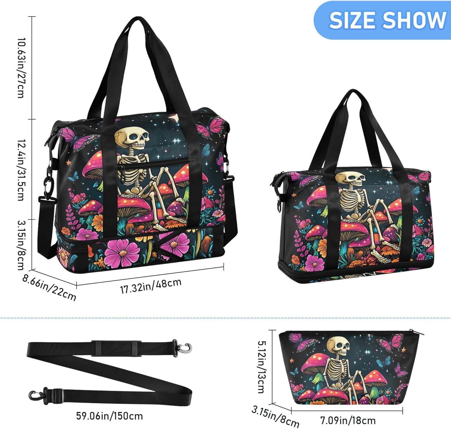 81bI6H9EYzL._AC_SL1500_.jpg Travel Duffel Tote Bag Skeleton Sitting on Mushrooms with Butterflies Sports Duffel Bag with Wet Pocket Weekender Overnight Bag for Women Men Gym Bag, Carry On Bag Hospital Bag for Labor and Delivery - Image 6
