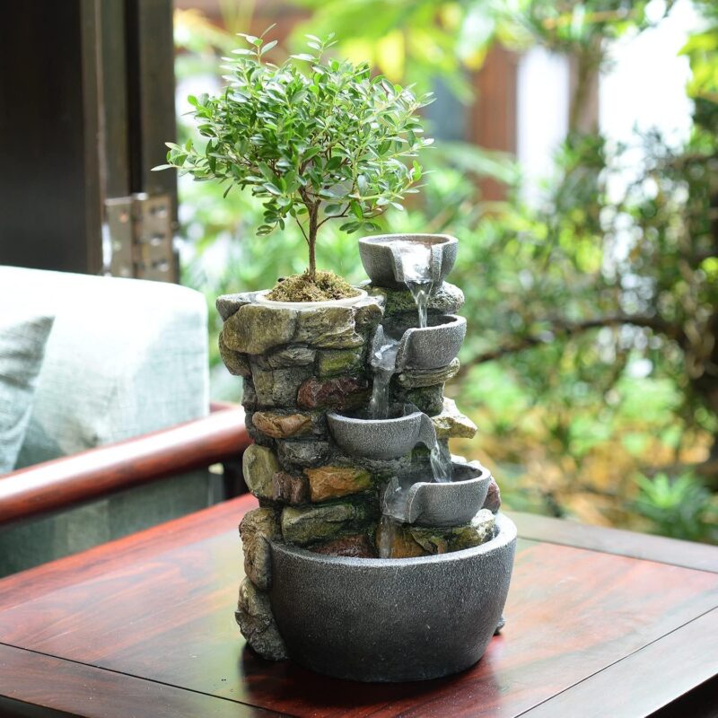 Indoor Fountain 4-Bowl Rockery Soothing Sound Tabletop Fountains Home/Office Decor Gift for Mom,Mother Day Present with A Small Plastic Pot to Grow Plant/Hebs by Yourself (Automatic Watering)